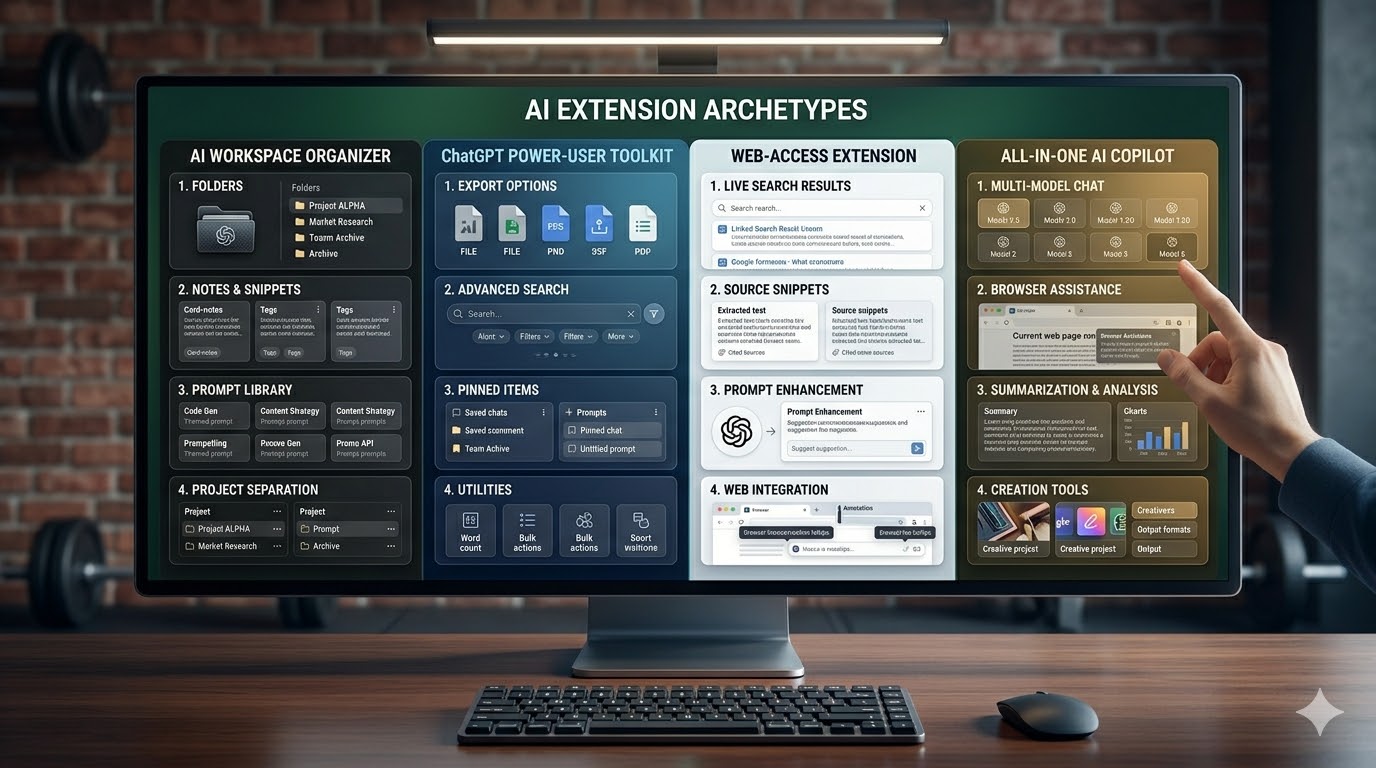Editorial graphic comparing workspace organizers, prompt tools, web access extensions, and all-in-one AI copilots
